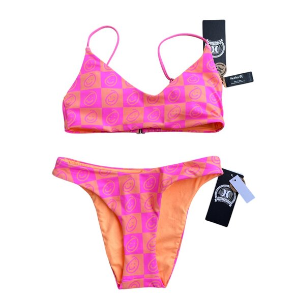 🌸 Hurley Smiley Checker Bikini Set XS Neon Pink Orange Swim Top & Bottom - Picture 2 of 7